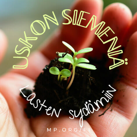 A hand holding a small plant with the words ukon simena lasten simena.